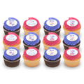 Assorted gender reveal cupcakes with pink and purple frosting topped with themed edible images.