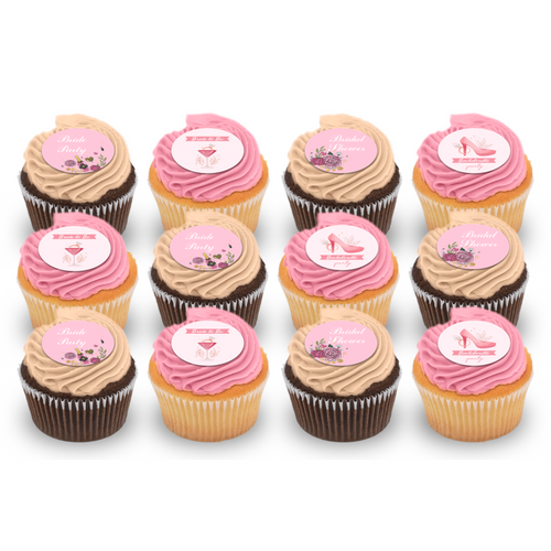 Bridal shower and bachelorette cupcakes with pink and tan frosting, edible toppers, floral details