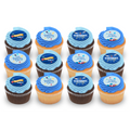 Assorted birthday cupcakes with blue frosting and decorative edible toppers