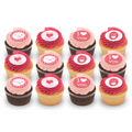 Assorted Valentine's themed cupcakes with pink frosting and love message toppers, perfect for gifts