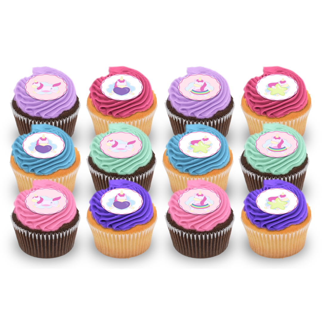 Assorted unicorn cupcakes with colorful buttercream and edible unicorn toppers, party treats