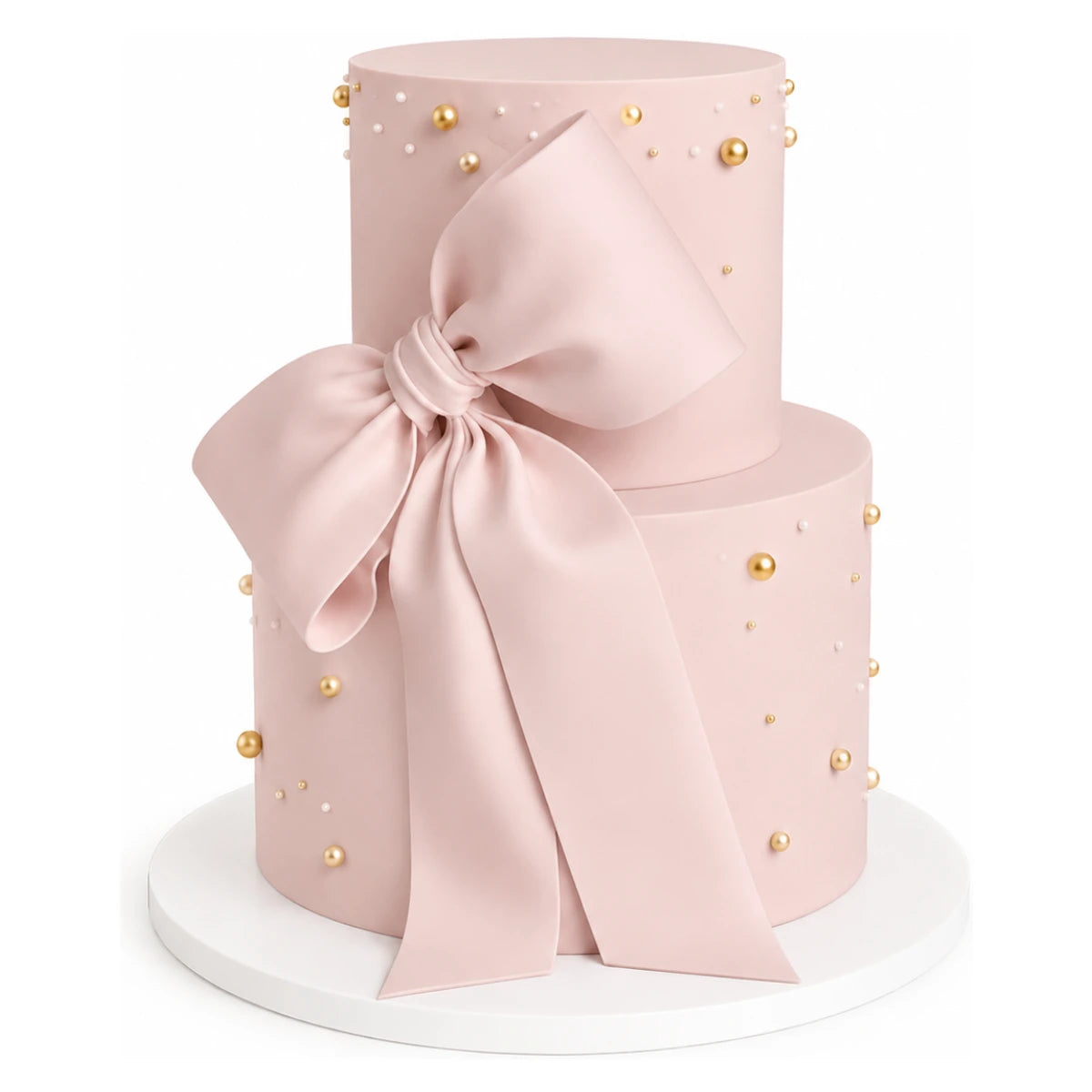 Two Tier Blush Bow Cake featuring a smooth pink fondant finish adorned with delicate gold and white edible pearls and a large elegant blush fondant bow, perfect for luxury celebrations.