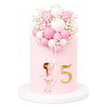 Pink Balloon Girl Cake featuring a delicate pink and white balloon bouquet with small white flowers, a gold number 5, and a little girl holding the balloon strings on a smooth pastel pink base.