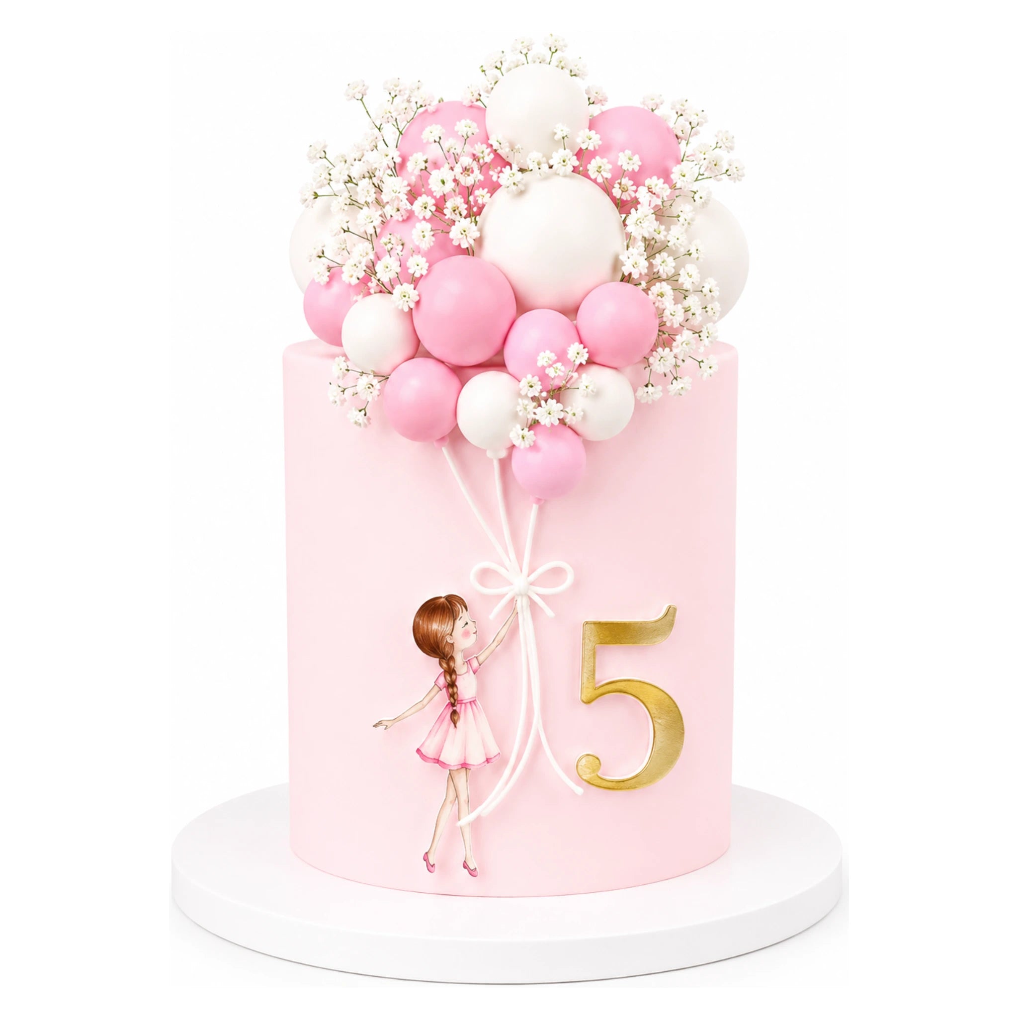 Pink Balloon Girl Cake featuring a delicate pink and white balloon bouquet with small white flowers, a gold number 5, and a little girl holding the balloon strings on a smooth pastel pink base.