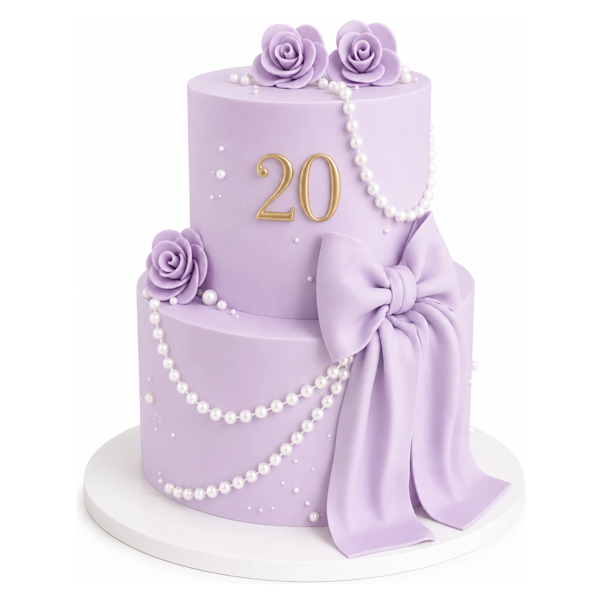 Lavender Pearl Bow Cake featuring two tiers in pastel lavender, decorated with edible pearl strands, detailed fondant bow, three lavender roses, and gold number 20 for a luxury celebration.