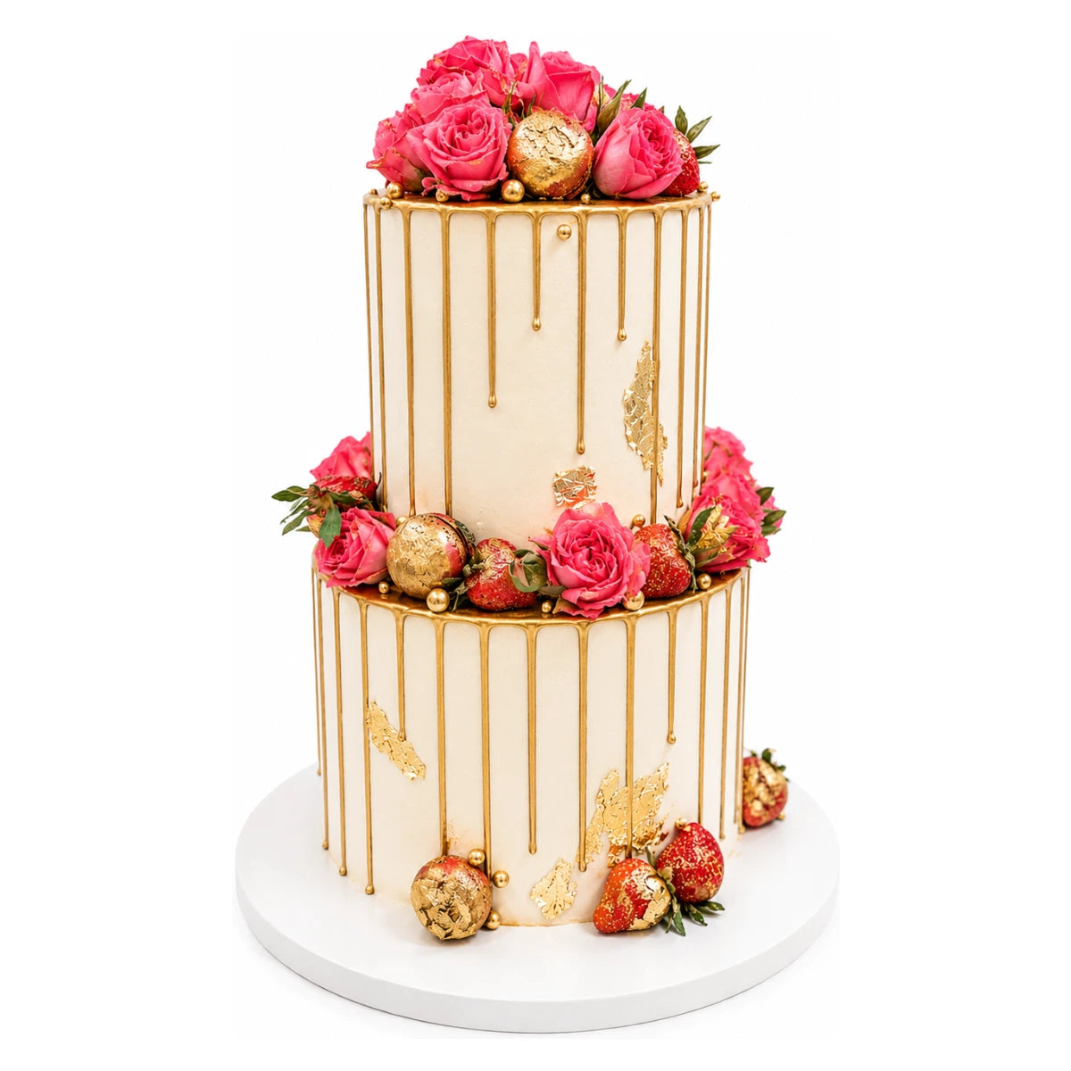 Two-tier Gold Drip Rose & Strawberry Cake decorated with pink roses, gold-dusted strawberries, and gold accents, showcasing an elegant luxury custom cake design.