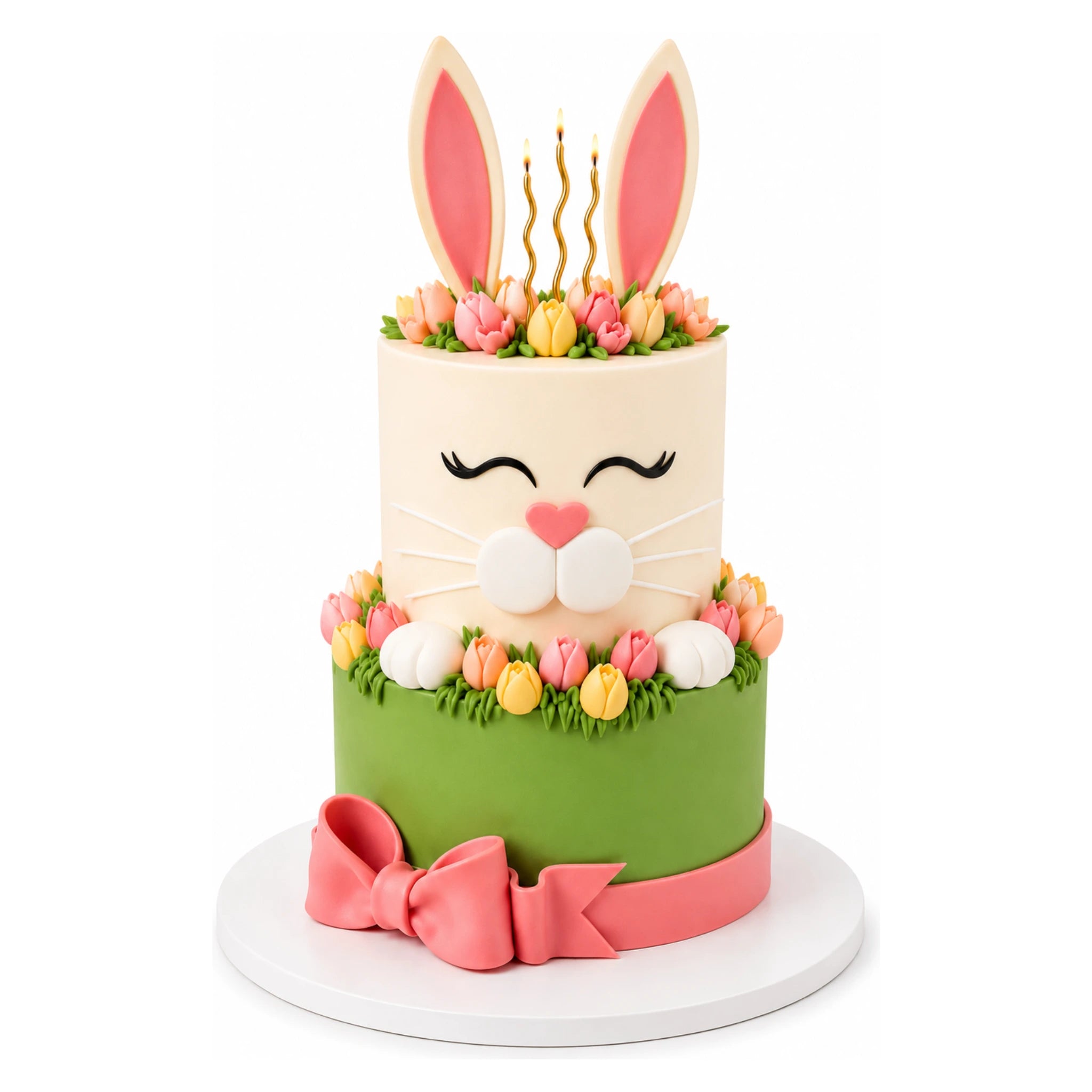 Two-tier cake decorated to resemble a bunny with pink ears, closed eyes, white whiskers, and a pink nose, adorned with tulip-like flowers and a pink fondant bow on the green bottom tier.