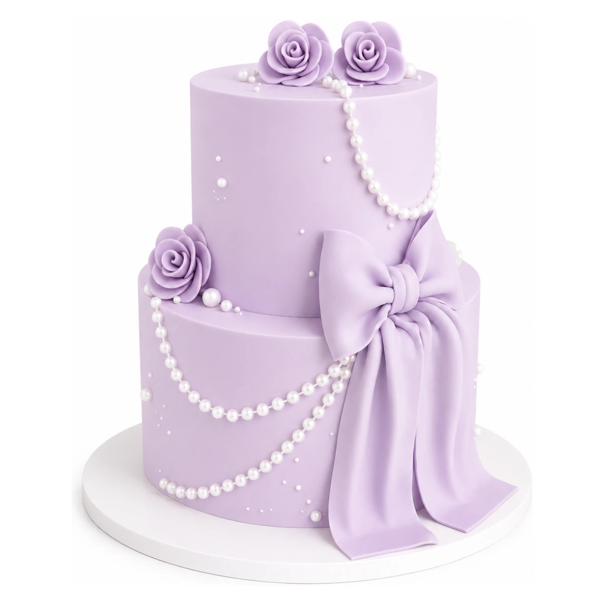 Lavender Pearl Bow Cake features two tiers covered in smooth lavender fondant, adorned with delicate pearl strands, elegant fondant roses, and a large matching bow for a sophisticated custom birthday cake.
