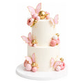 Two-tier elegant Pink Butterfly Garden Cake decorated with delicate pink butterflies, gold and pink spheres, and soft pink flowers on a white base.