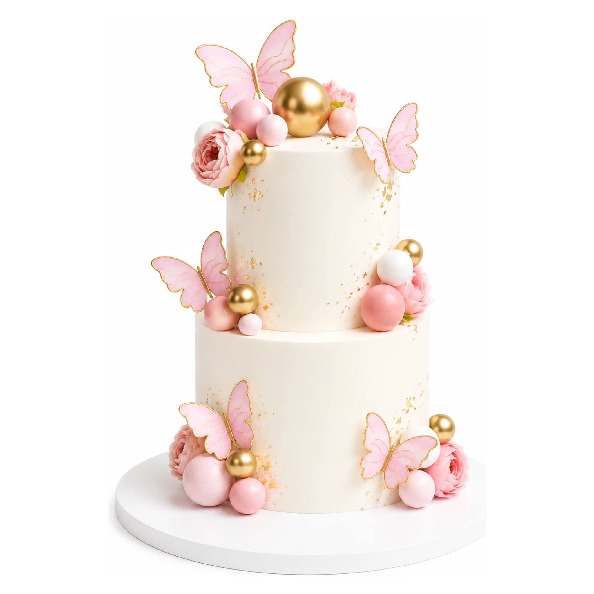 Two-tier elegant Pink Butterfly Garden Cake decorated with delicate pink butterflies, gold and pink spheres, and soft pink flowers on a white base.