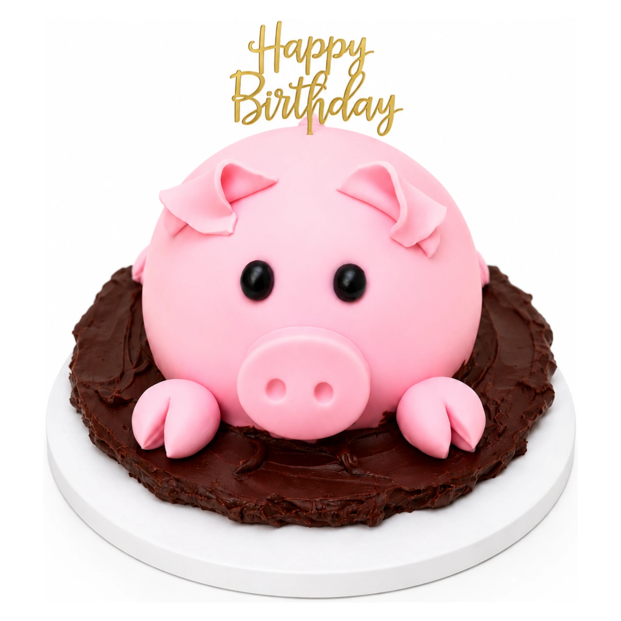 A pig-shaped cake with pink fondant ears, snout, and black eyes, sitting on a rich chocolate base with a gold "Happy Birthday" topper, called Piggy Mud Cake.