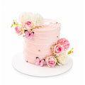 Garden Butterflies Cake with pink smooth frosting adorned with delicate pink and white roses, hydrangeas, and realistic pink butterflies, perfect for a custom birthday celebration.