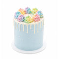 Party Time Cake featuring a light blue base with white drip icing and eight colorful pastel swirls on top, decorated with small round sprinkles in a clean, elegant design.