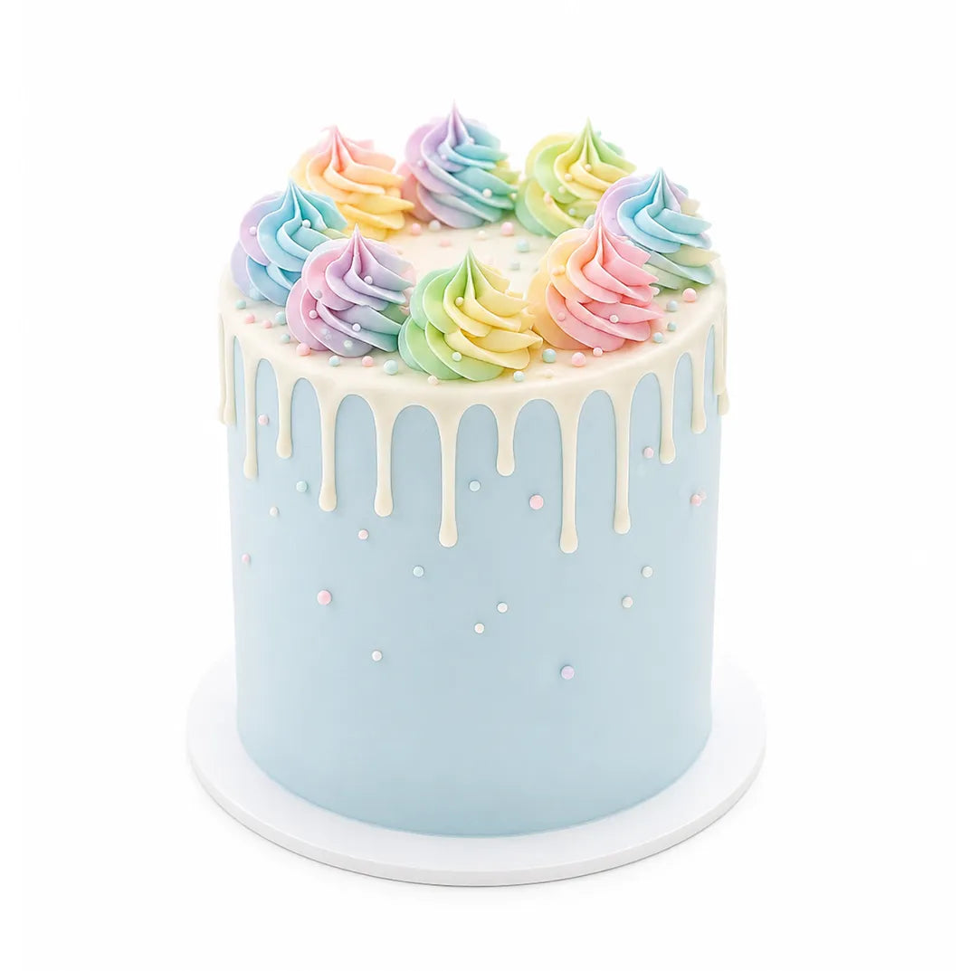 Party Time Cake featuring a light blue base with white drip icing and eight colorful pastel swirls on top, decorated with small round sprinkles in a clean, elegant design.