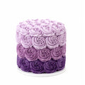 Purple Ombre Party Cake featuring three tiers of delicate buttercream rosettes in varying shades of purple, creating an elegant and festive custom birthday cake.