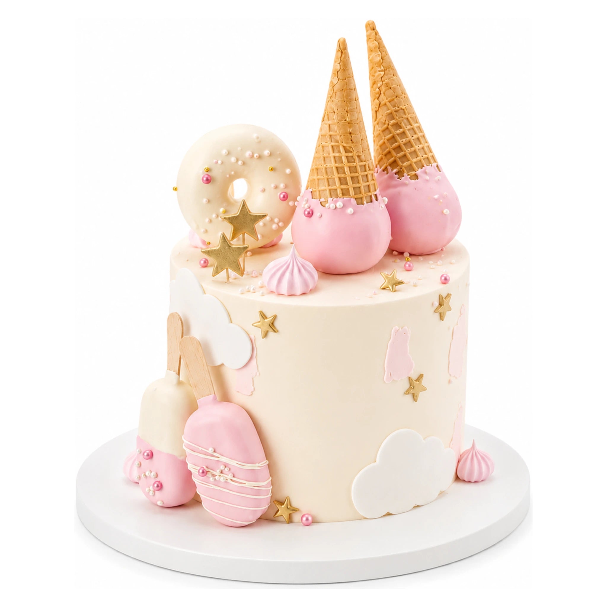 Sweet Treats Fantasy Cake featuring pastel pink and white decorations, waffle cones dipped in pink chocolate, star accents, and cloud-shaped fondant for a whimsical custom birthday cake.