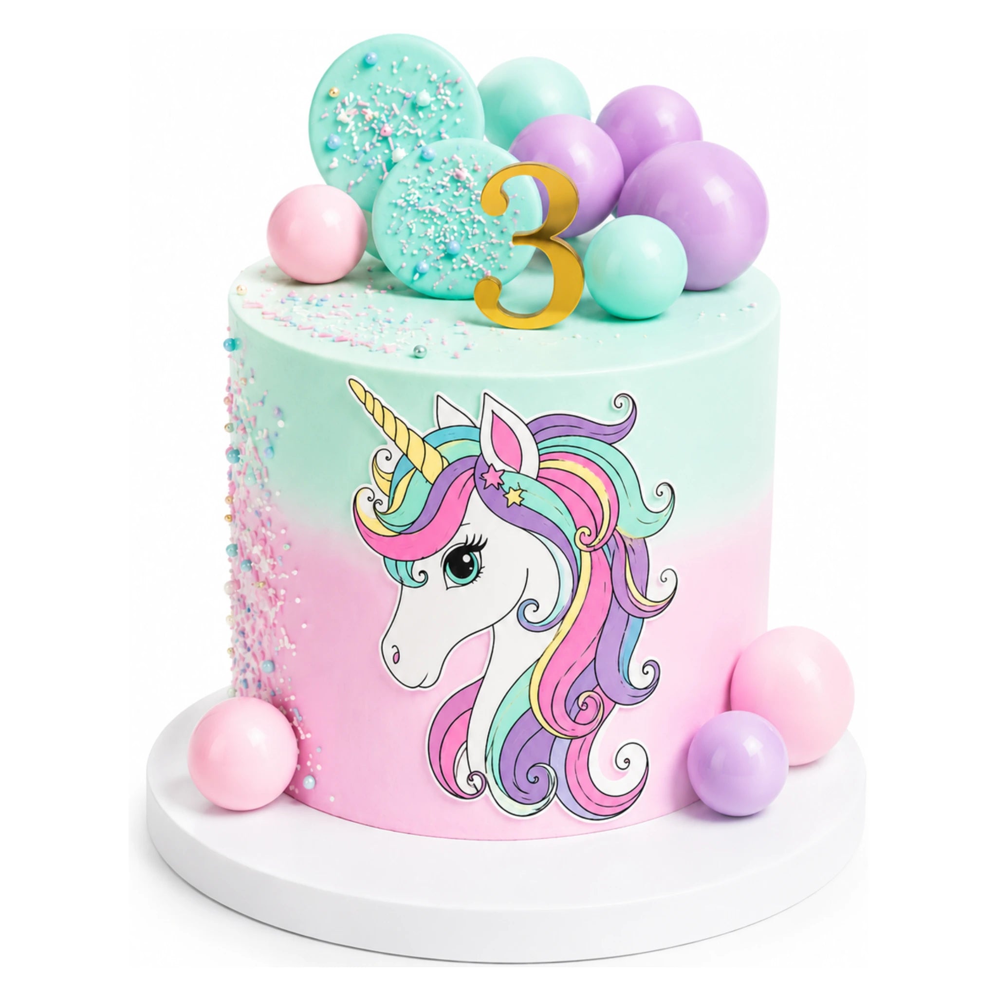 Pastel pink and mint green Unicorn Dream Cake decorated with colorful sugar pearls, round pastel candy balls, and a gold number 3 topper, perfect for a custom birthday celebration.