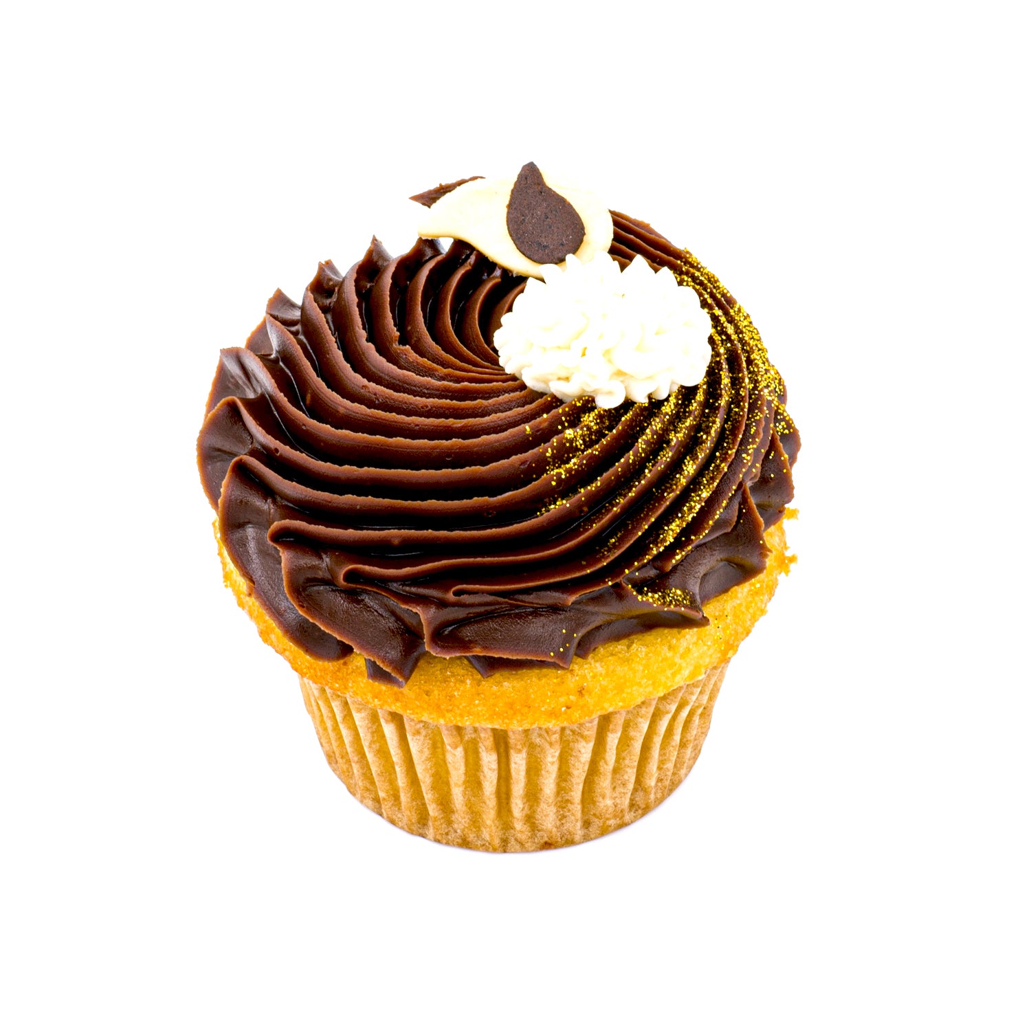 Boston cream pie cupcake with chocolate and vanilla frosting, gold sprinkles, white background