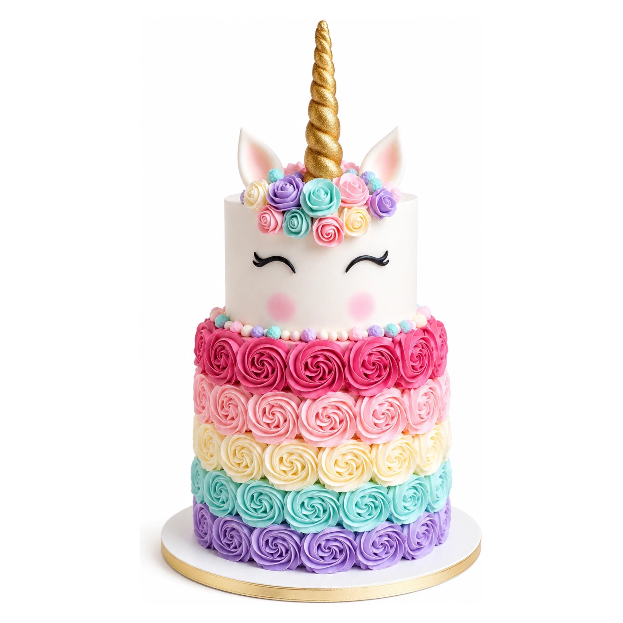 Rainbow Unicorn rosettes Tier Cake featuring a white unicorn face with closed eyes, golden horn, pastel floral decorations on top, and vibrant multicolored rosette layers.