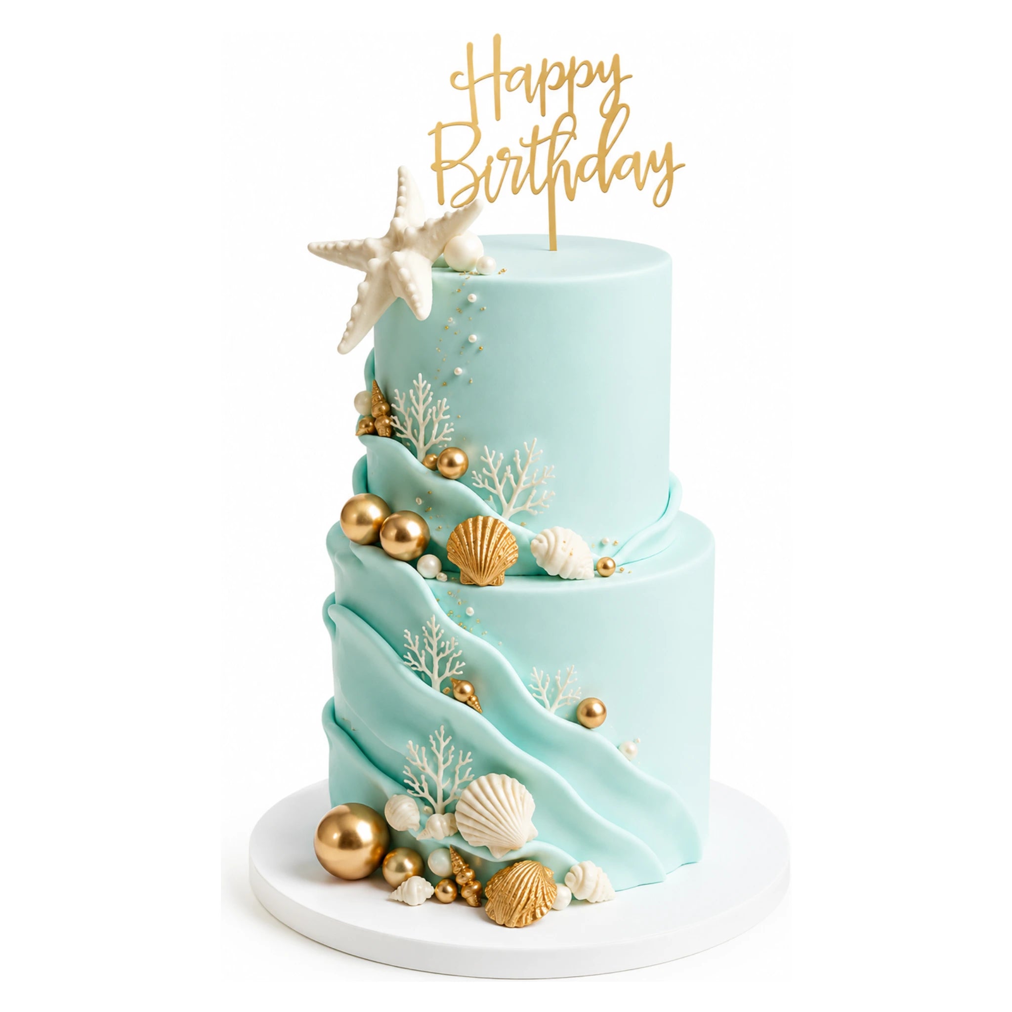 Two-tier teal cake decorated with ocean wave-inspired fondant, gold accents, seashells, starfish, coral details, and a gold "Happy Birthday" topper, named Teal Ocean Wave Tier Cake.