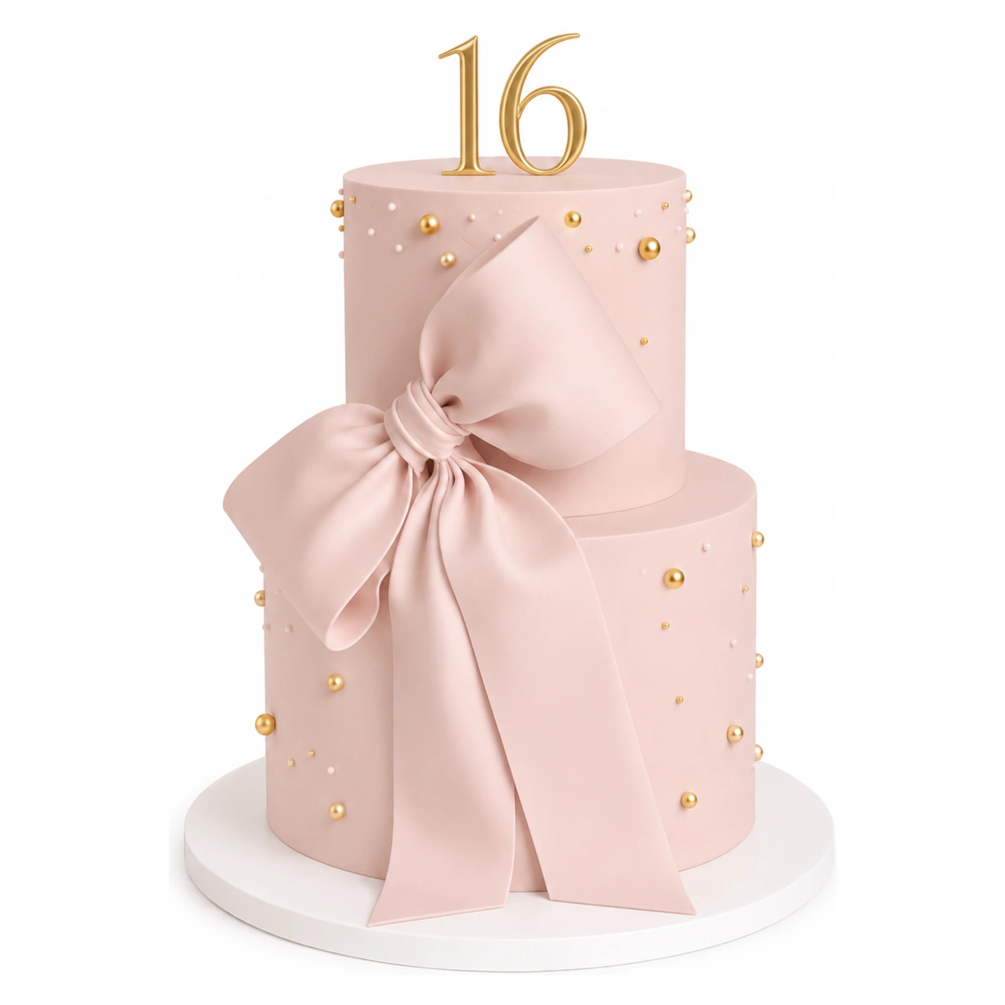 Two Tier Blush Bow Cake featuring a smooth blush pink finish adorned with gold pearl accents and a large matching bow, topped with gold number 16 decoration.