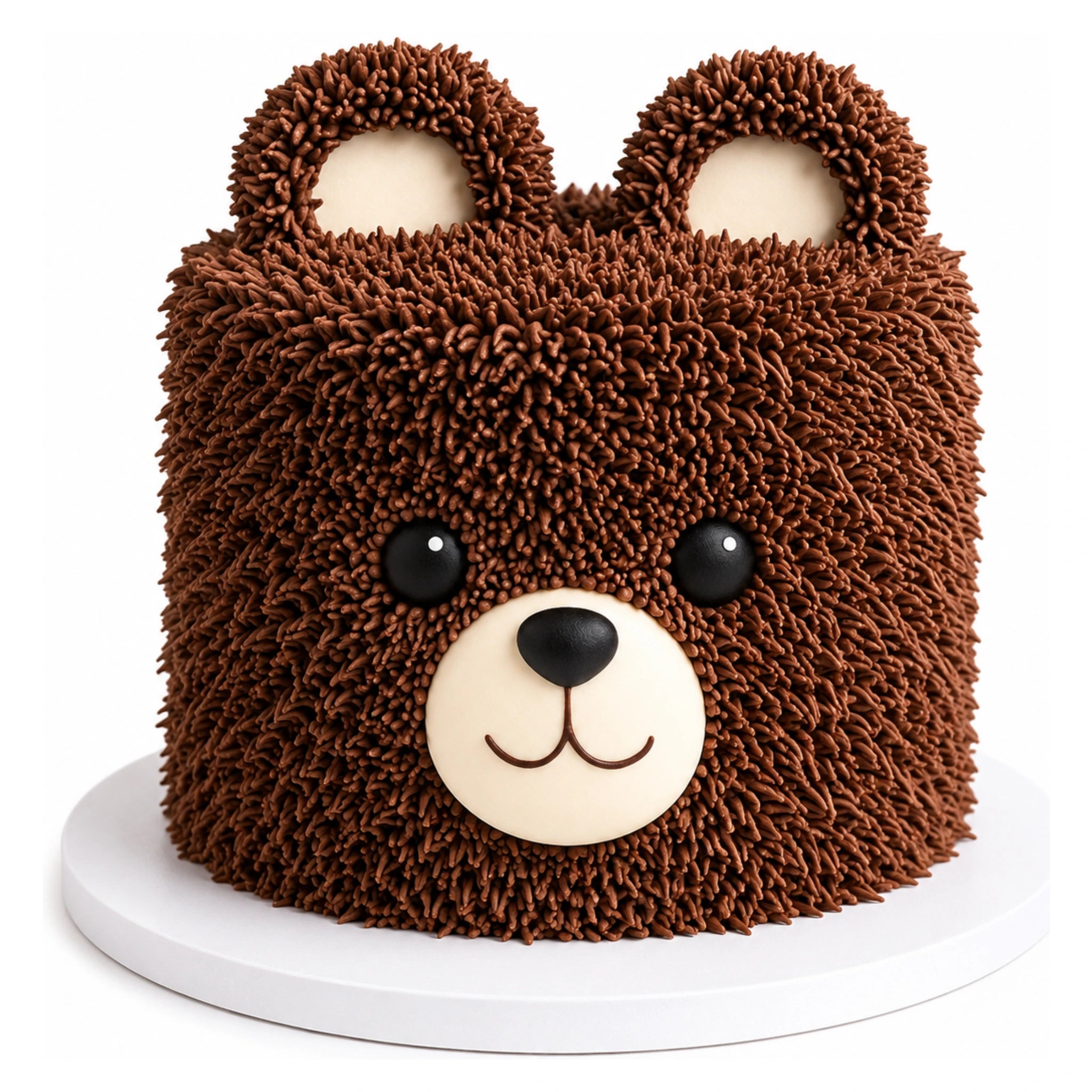 Teddy Bear Cake decorated with textured chocolate frosting to resemble a cute brown bear face with ears, eyes, and a smiling snout on a white cake board