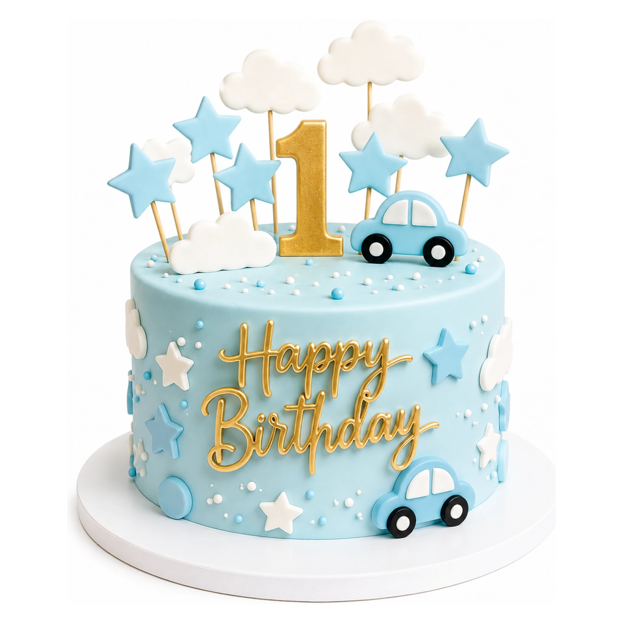Little Cars & Clouds Cake with blue frosting decorated with stars, clouds, toy cars, and a gold number one topper, perfect for a custom birthday celebration.