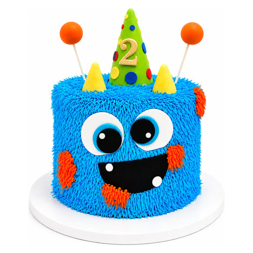 Colorful Blue Monster Party Cake with textured blue fur design, large eyes, a wide smiling mouth, orange cheeks, two yellow horns, and a green party hat with a gold number 2 on top