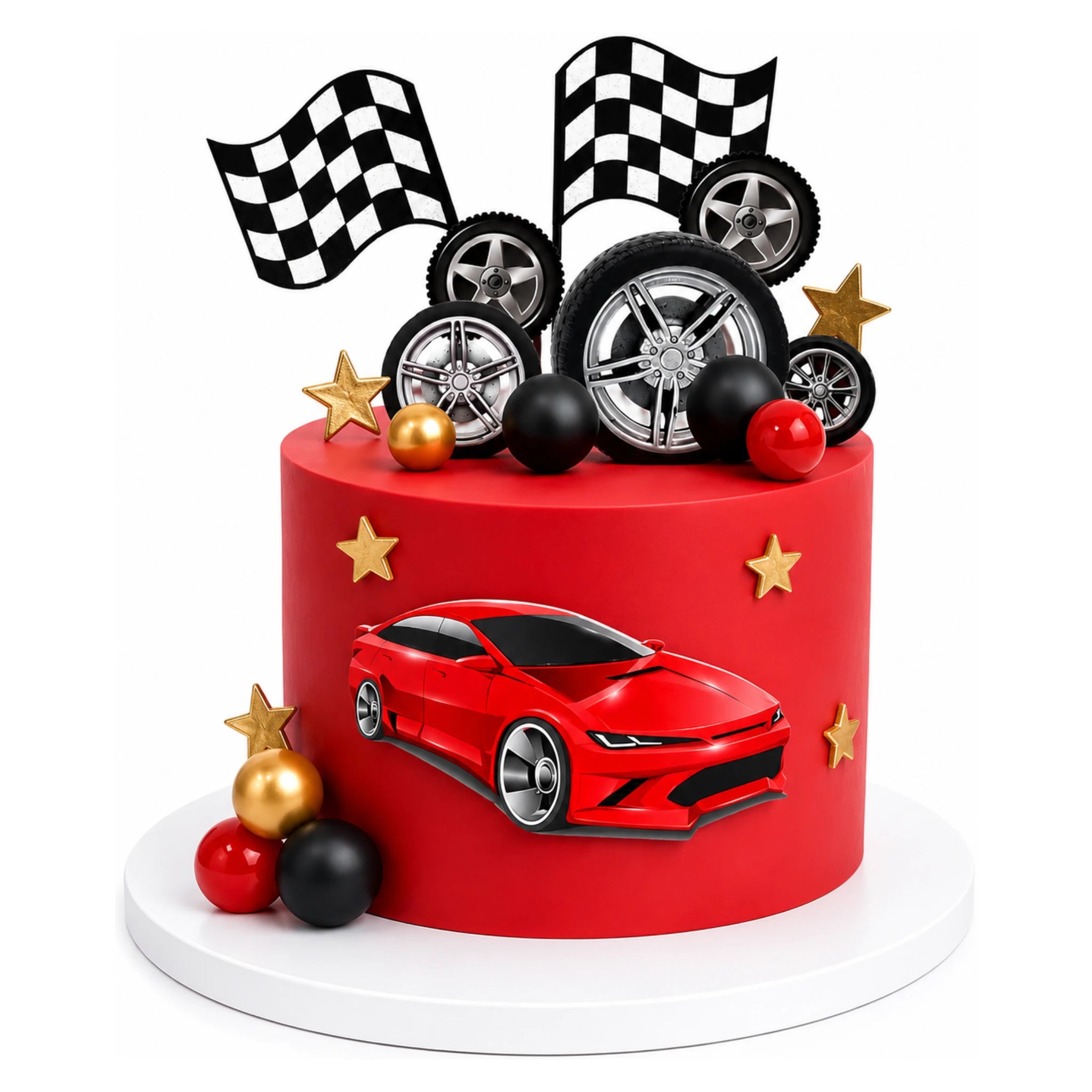 Racing Car Cake featuring a vibrant red design with a sleek race car, decorated with checkered flags, realistic tire toppers, and gold star accents for a custom birthday celebration.