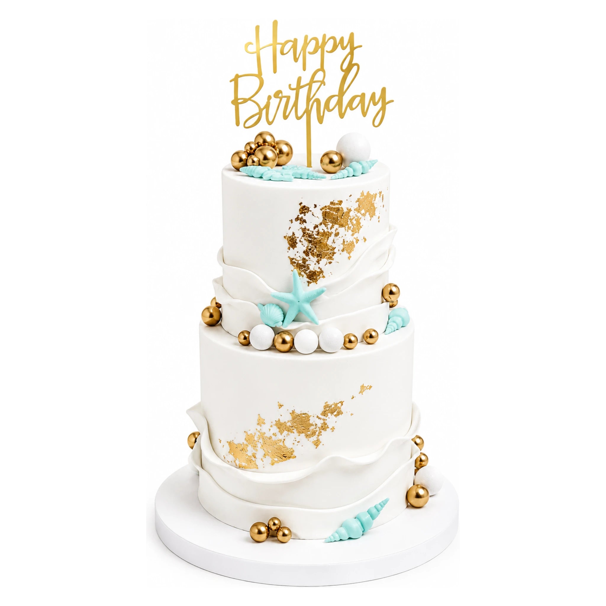 White Gold Seashell Tier Cake with elegant gold accents, light blue seashell decorations, and a "Happy Birthday" topper, perfect for a custom birthday celebration.
