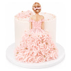 Elegant Balloon Girl Cake featuring a detailed figure of a girl in a pink floral dress with pearl accents, set on a smooth white frosted base, perfect custom cake for special occasions.