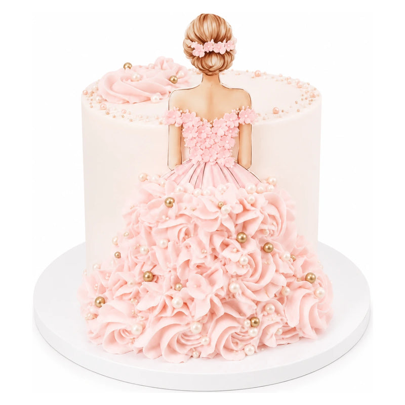 Elegant Balloon Girl Cake featuring a detailed figure of a girl in a pink floral dress with pearl accents, set on a smooth white frosted base, perfect custom cake for special occasions.