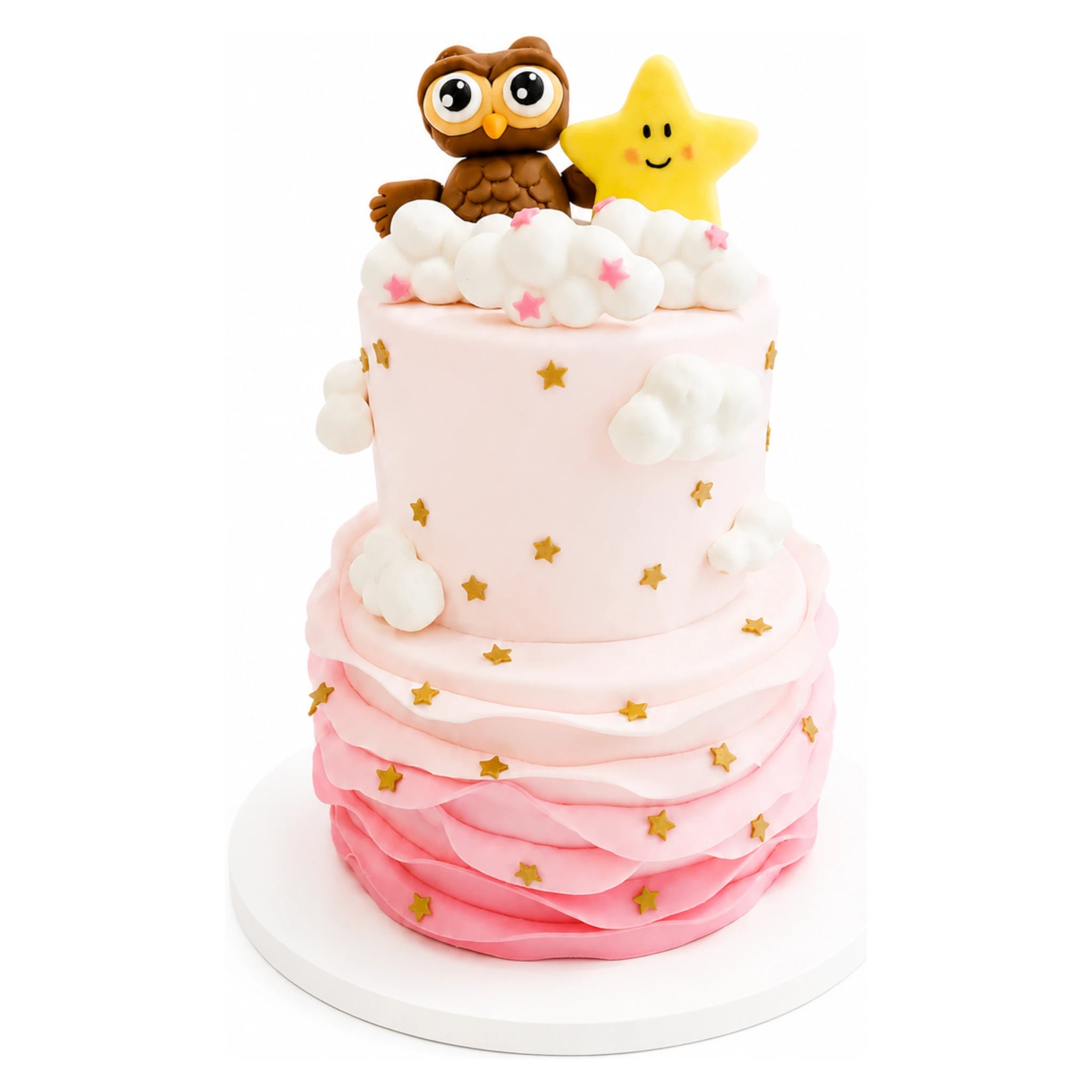 Owl & Star Dreamy Cake with pink ombre ruffles, decorated with gold stars, fluffy white clouds, and topped with a cute owl and smiling star figures.