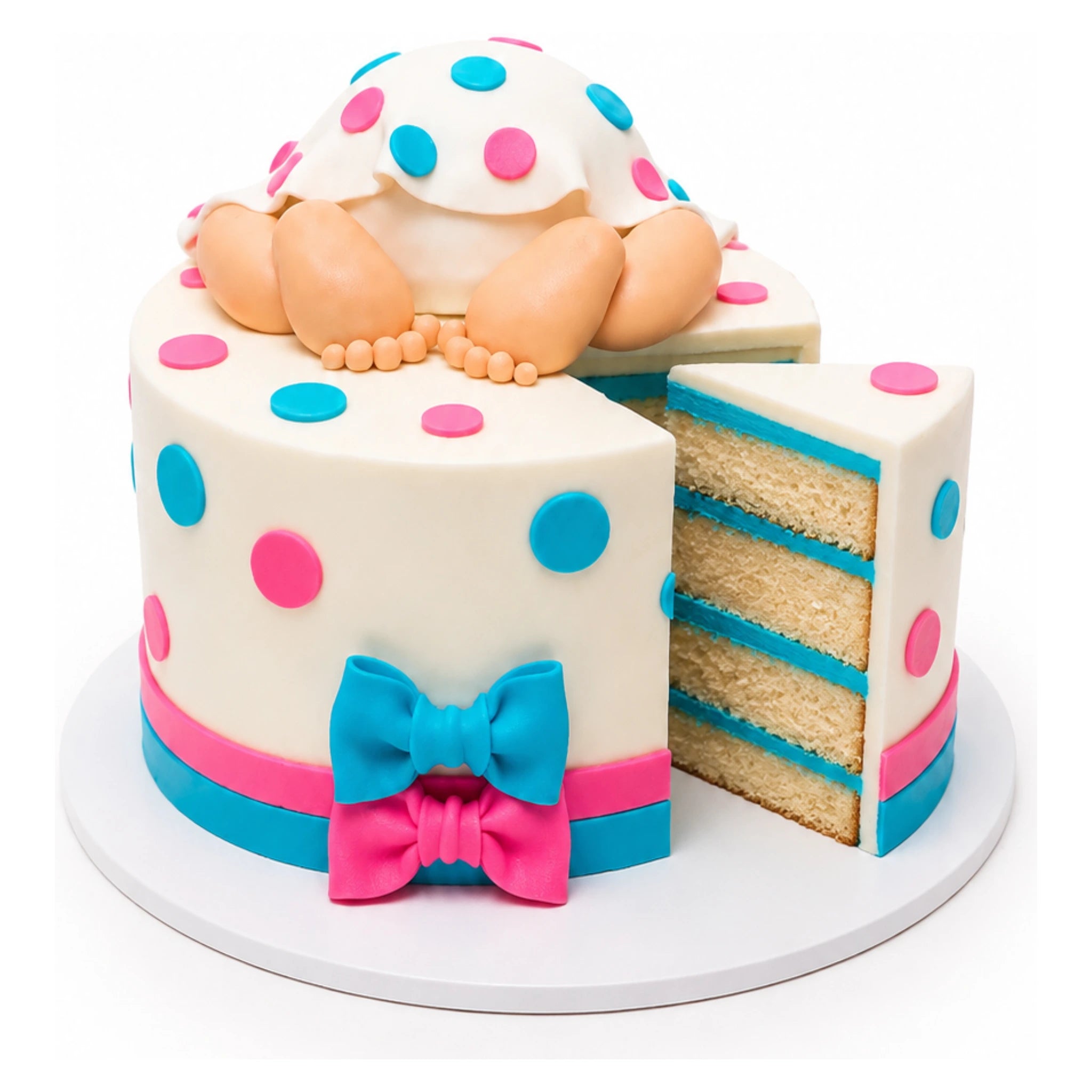 Baby Polka Dots Cake featuring white fondant with blue and pink polka dots, a blue and pink bow, and a fondant baby figure on top with visible legs and feet, custom decorated with blue cake layers inside.