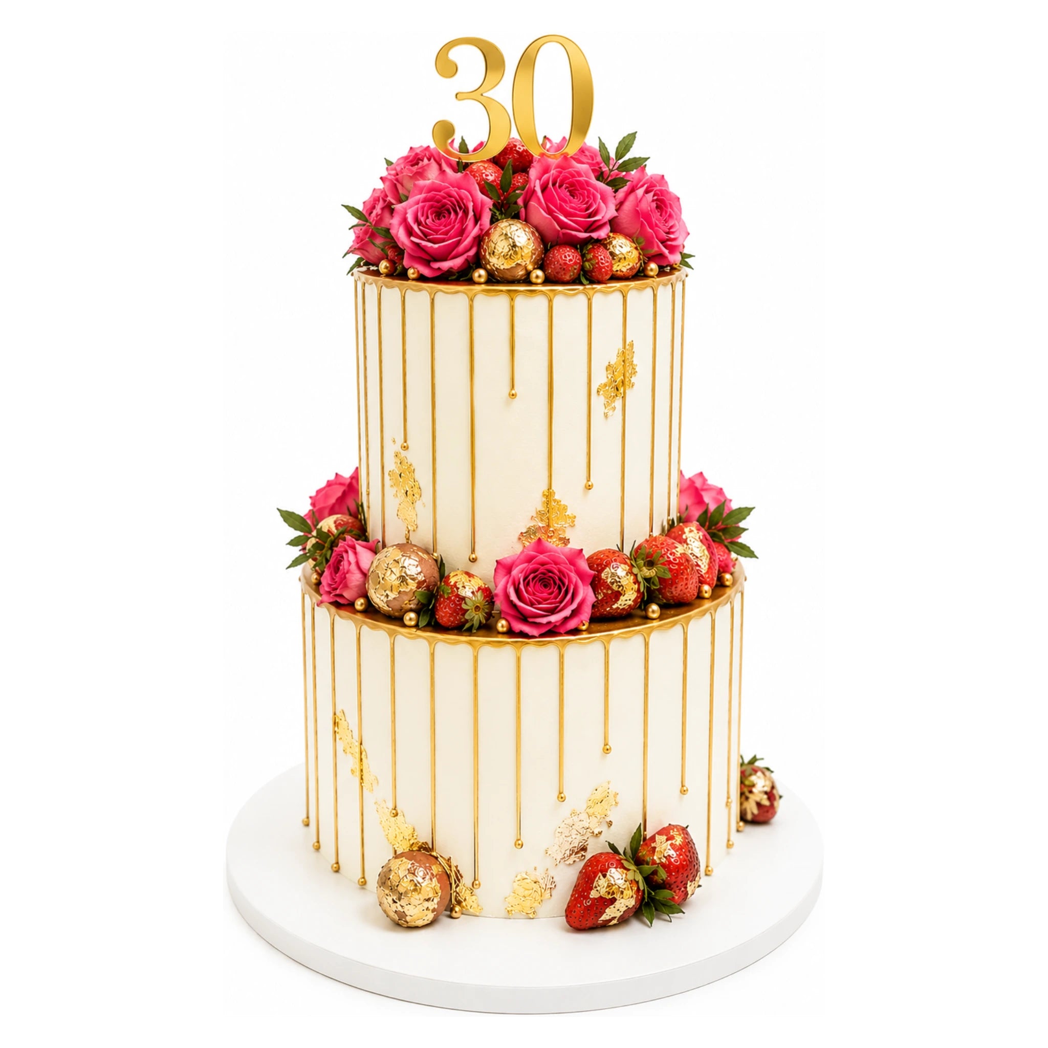 Elegant two-tier Gold Drip Rose & Strawberry Cake decorated with vibrant pink roses, gold accents, fresh strawberries, and a gold "30" topper perfect for luxury celebrations.