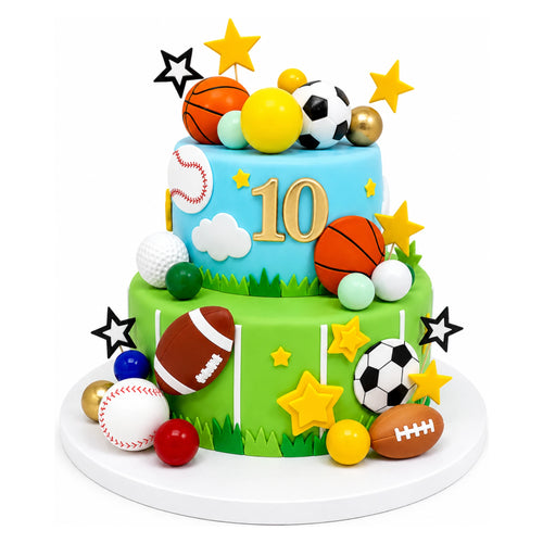 Two-tier birthday cake decorated with edible sports balls including basketballs, soccer balls, footballs, baseballs, golf balls, and stars, with the number 10 on the top tier.