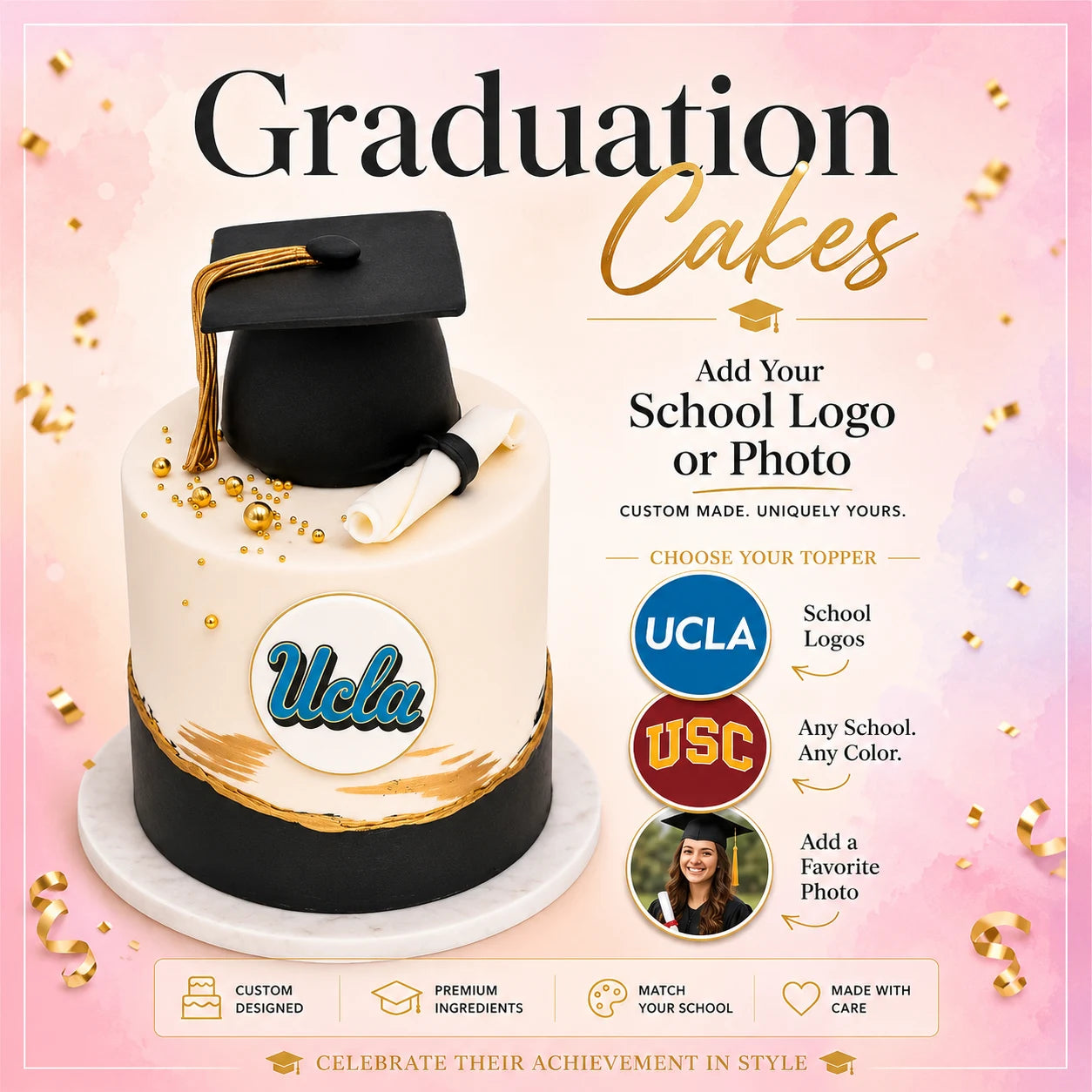 Custom School Logo Happy Graduation Cake featuring a black graduation cap topper and UCLA logo on an elegant white and black cake with gold accents, luxury custom cakes baked fresh in Beverly Hills.