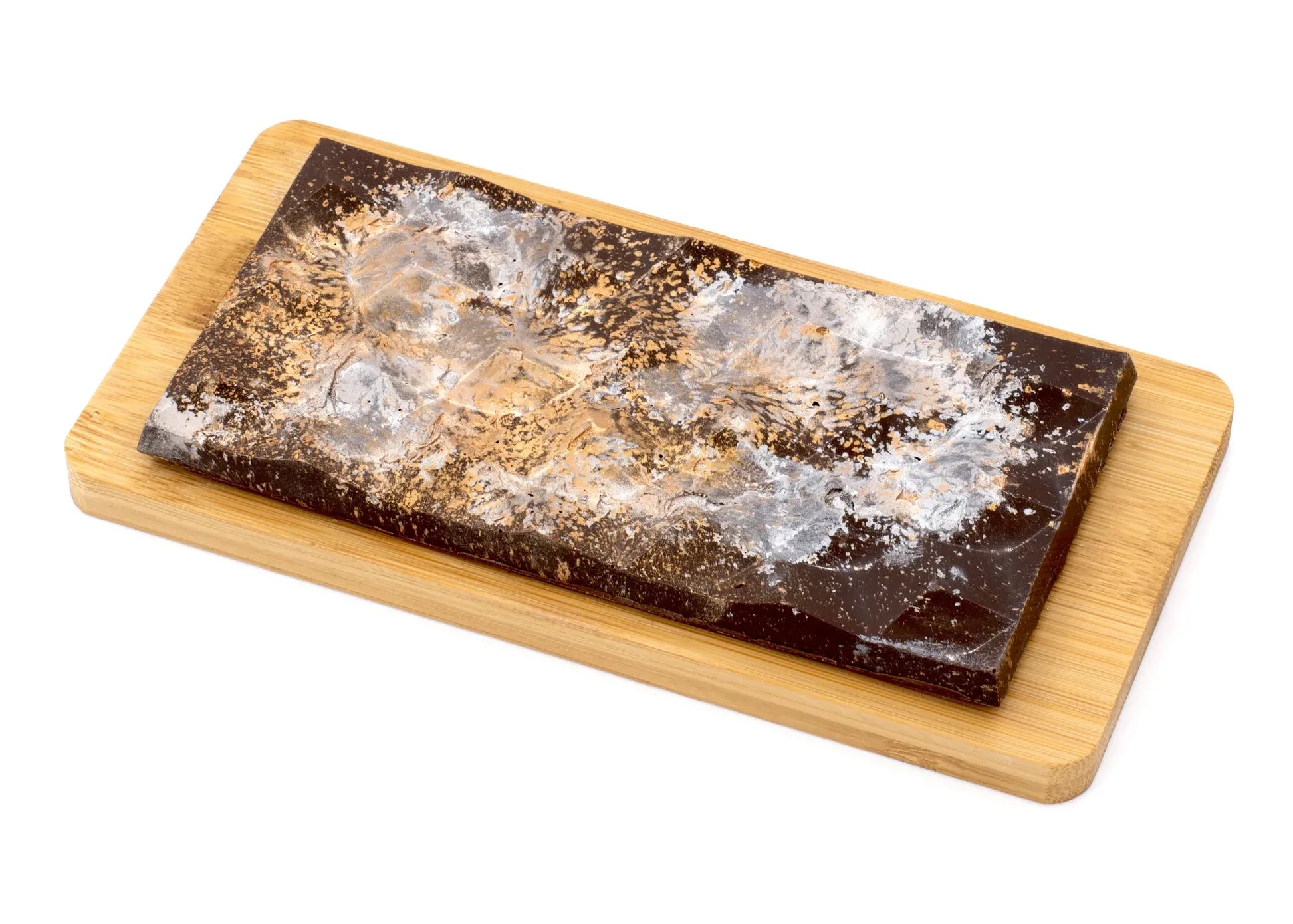 Gourmet dark chocolate bar with espresso and lemon zest on wooden board
