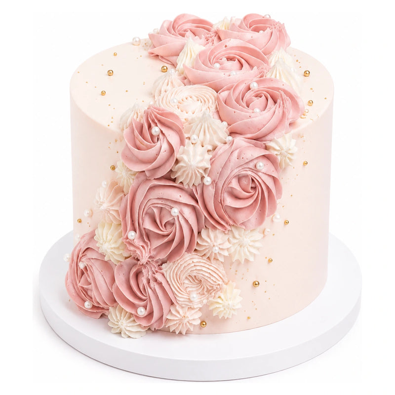 Pink Rose Garden Cake featuring delicate pink rose-shaped frosting with white cream accents and small edible pearls for an elegant custom decorated cake.