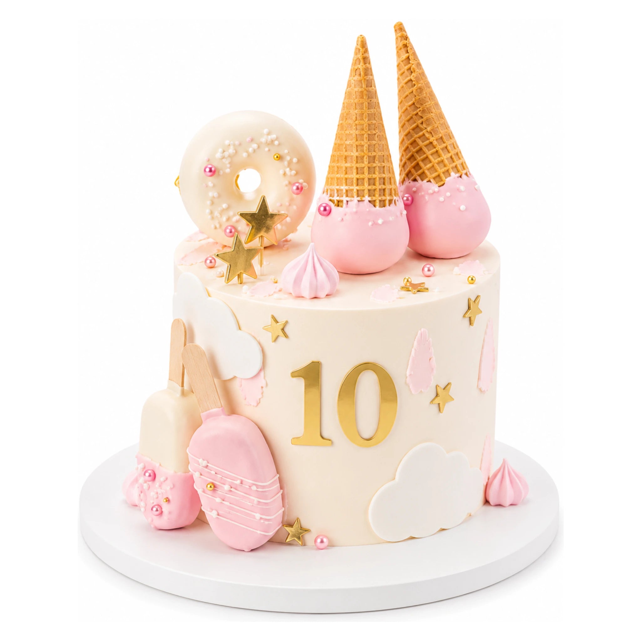 Sweet Treats Fantasy Cake with pastel pink and white decorations, featuring ice cream cones, donuts, popsicles, gold stars, clouds, and the number 10 for a birthday celebration.
