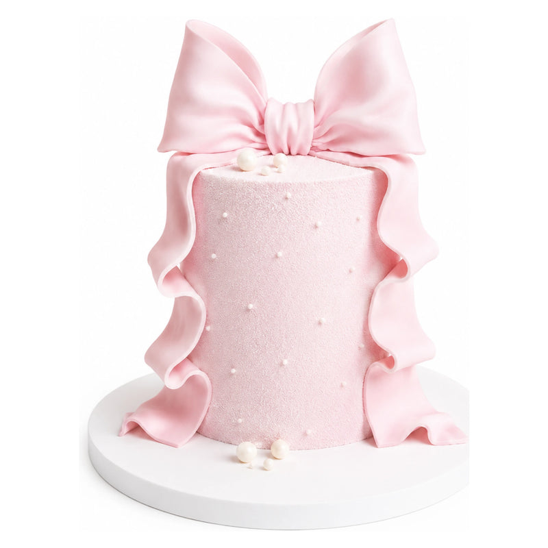 Pink Bow Ruffle Cake featuring soft pink textured frosting with delicate pearl details, topped with an elegant large fondant bow and ruffled sides, perfect for luxury custom cakes.
