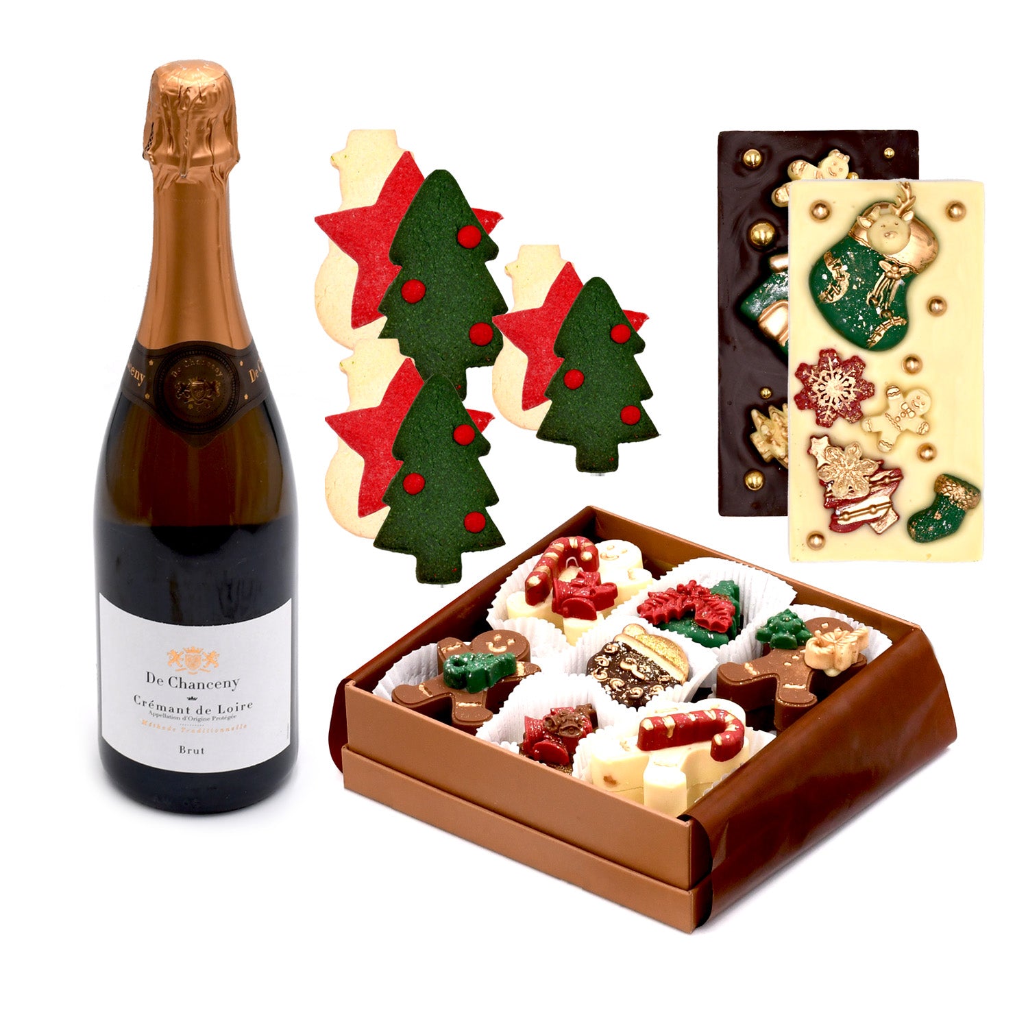 Holiday gift set with sparkling wine, Christmas cookies, festive chocolate bars, assorted gourmet chocolates
