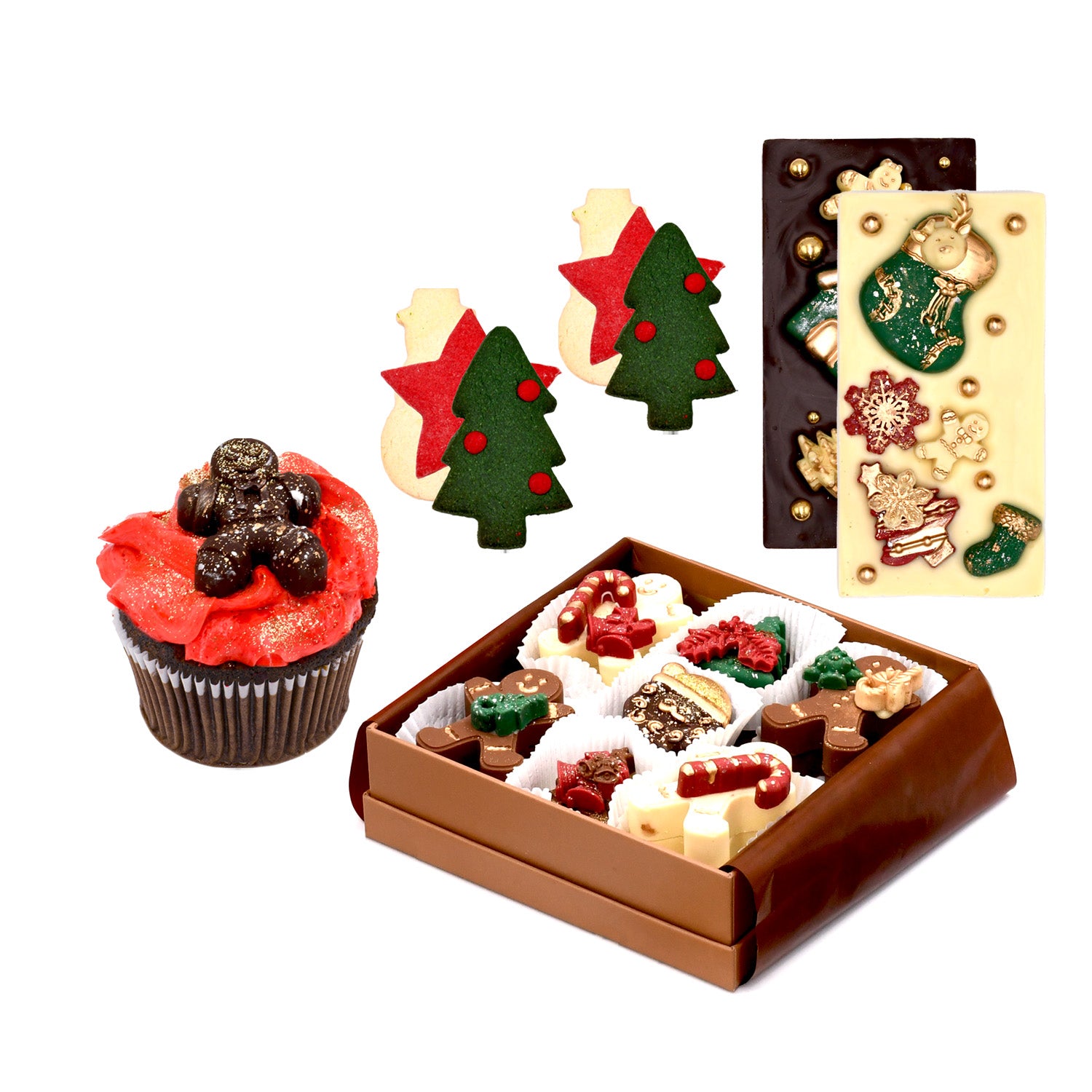 Chocolate cupcake with red frosting, festive Christmas cookies, holiday chocolate bars, and assorted Christmas chocolates in a gift box.