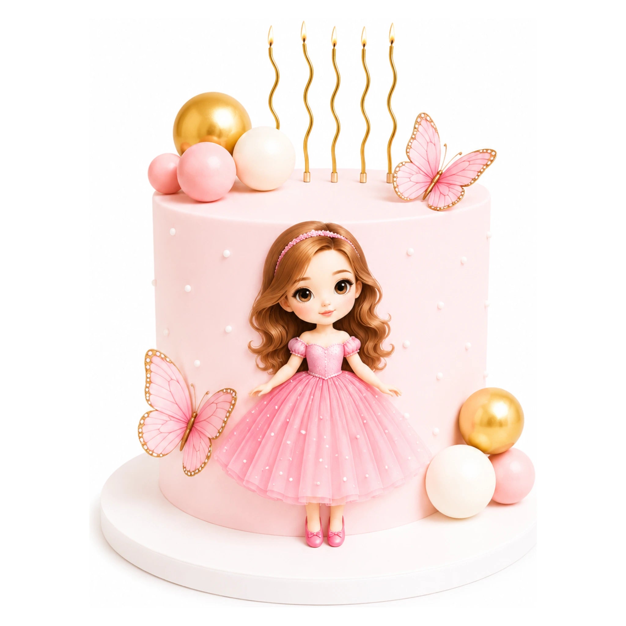 Princess Butterfly Cake featuring a pink fondant design with a doll in a pink dress, decorative butterflies, and gold and white spherical accents, ideal for custom birthday celebrations.