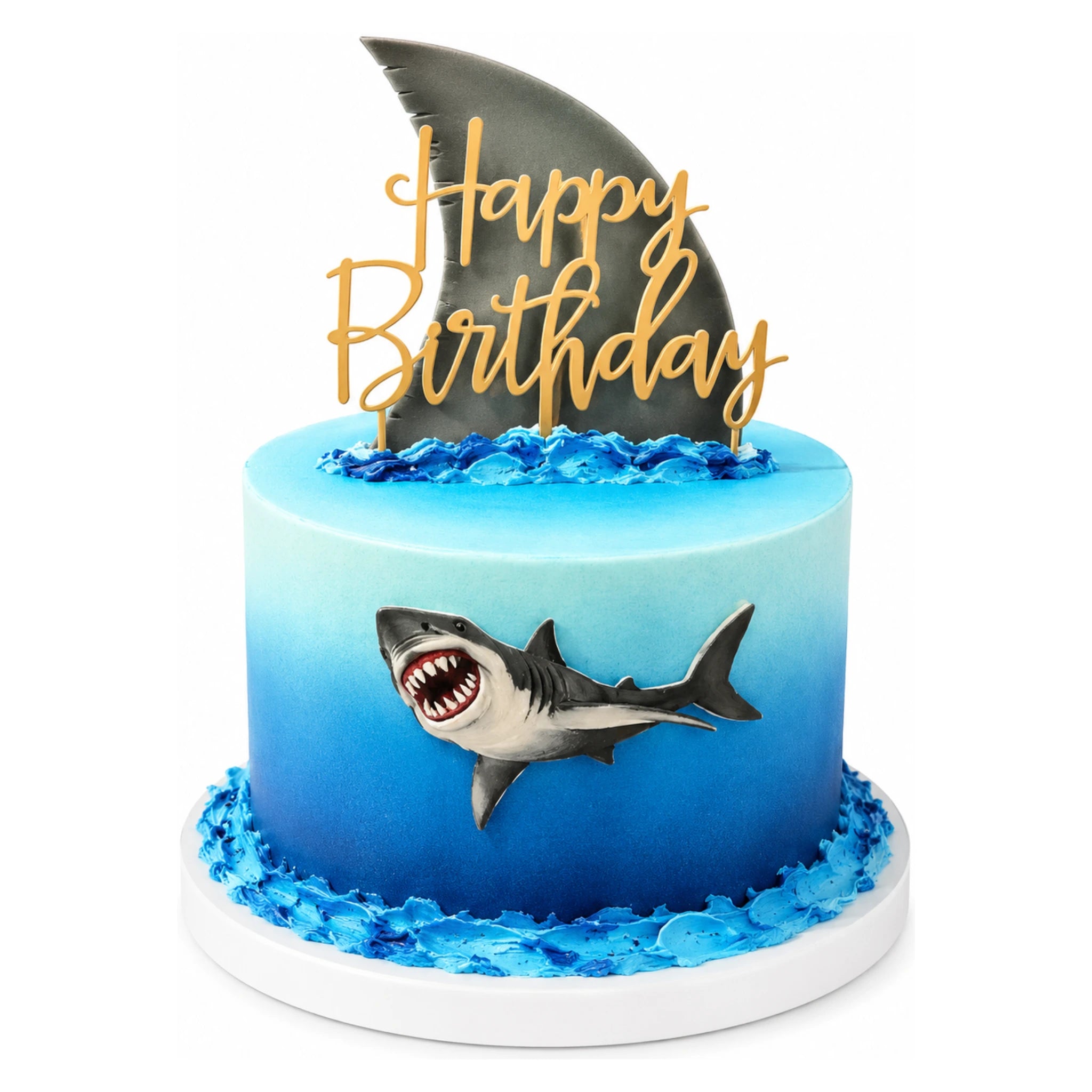 Great White Shark Cake featuring detailed shark figure and fin decoration with ocean-inspired blue frosting and gold "Happy Birthday" topper, perfect custom birthday cake.