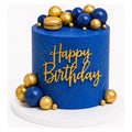 Navy Gold Birthday Cake featuring a deep navy blue finish with gold speckles, decorated with gold and navy spherical accents and a gold "Happy Birthday" topper.