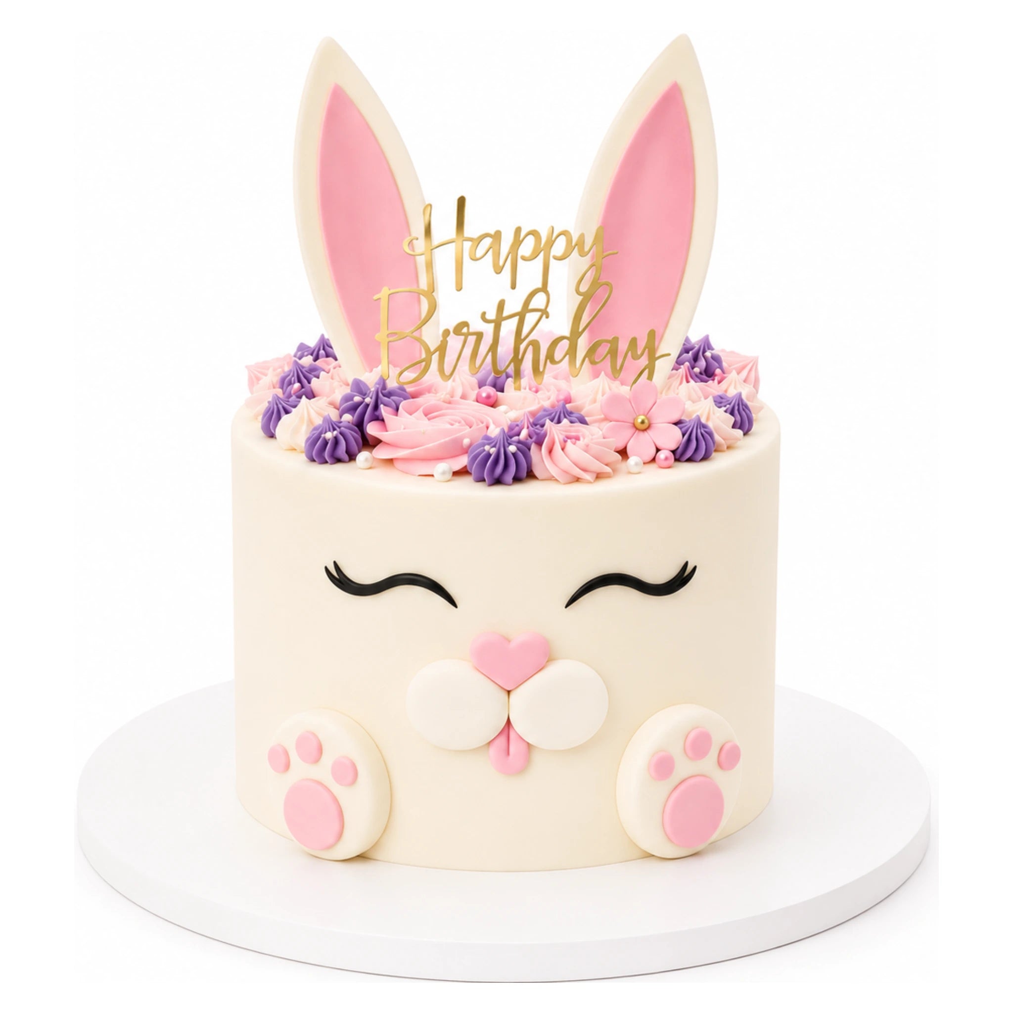 Cute Bunny Cake decorated with pink and purple frosting, bunny ears, paws, and a gold "Happy Birthday" topper, perfect for custom birthday celebrations.