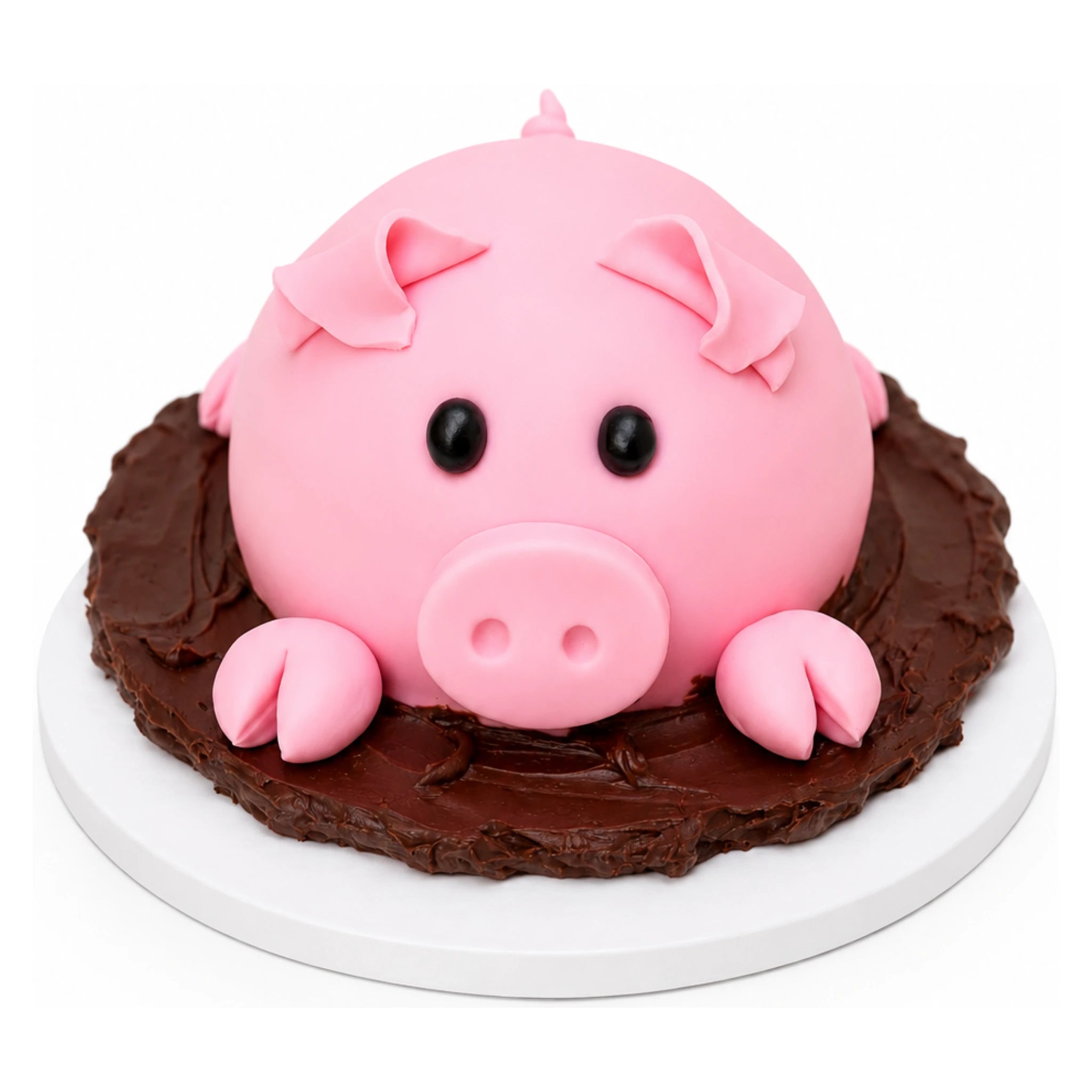 Piggy Mud Cake shaped like a cute pink pig partially submerged in rich chocolate mud, crafted as a custom decorative dessert for special occasions.