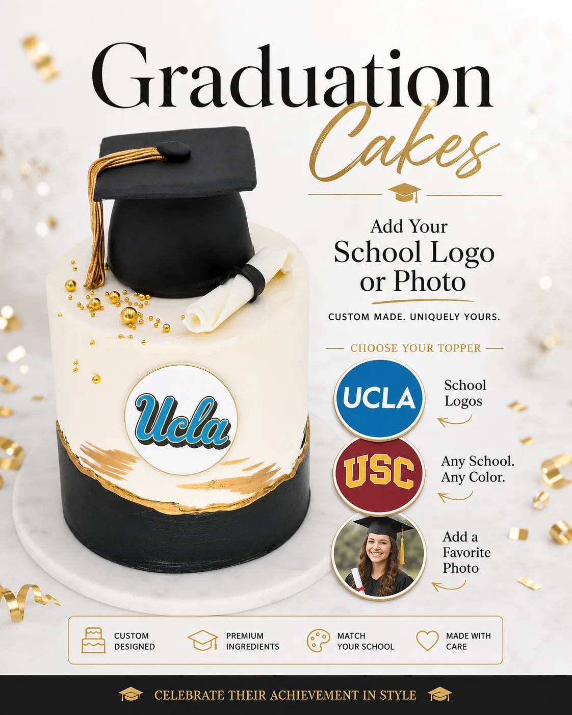 Happy Graduation Cake detail view — custom graduation cake with mortarboard cap topper from Sweet Angeles Beverly Hills
