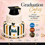 Elegant two-tier custom graduation cake with white quilted top tier and striped bottom tier in green, white, and gold, featuring a black graduation cap topper and customizable school logo, promoting the Custom School Logo Graduation Cake | Upload Your Artwork with luxury custom cakes baked fresh in Beverly Hills.